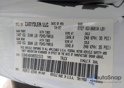 2008 Dodge Dakota Slt from USA, damaged, VIN 1D3HE42KX8S531515